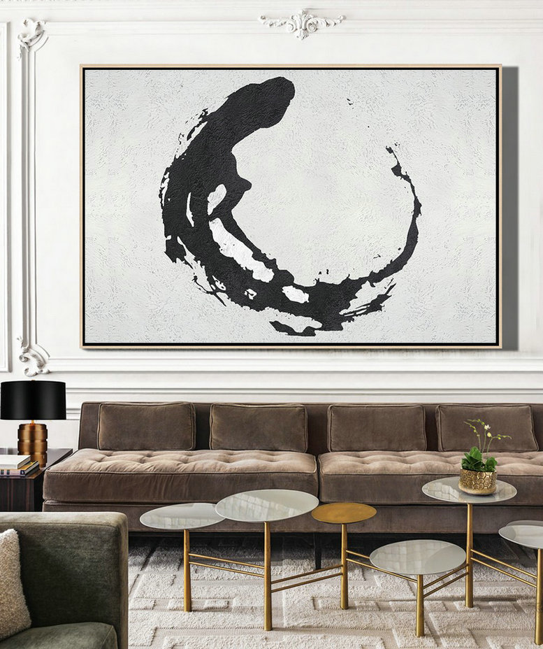 Hand Painted Original Art,Oversized Horizontal Minimalist Abstract Art On Canvas, Black And White Minimalist Painting - Handmade Acrylic Painting